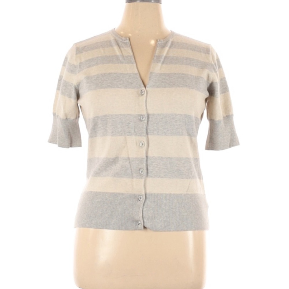 Kersh | Button Up Short Sleeve Stripped Top XL Gray Cream Color Vintage - Picture 3 of 9